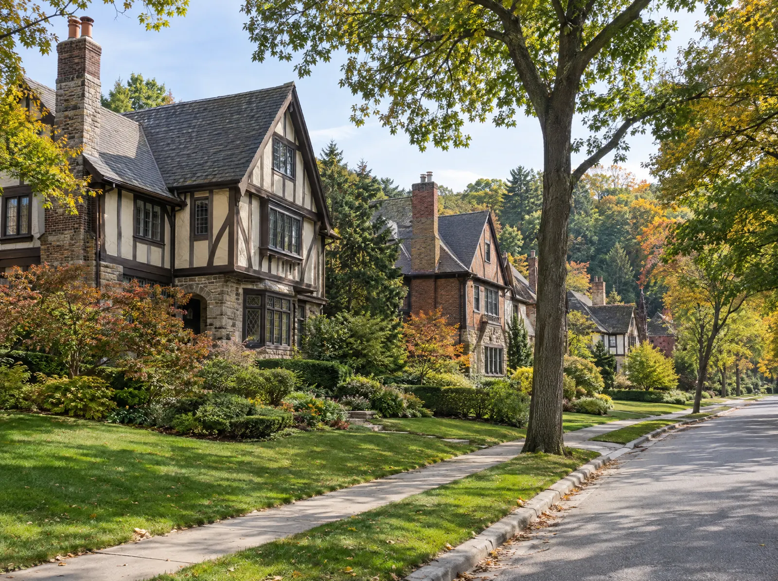 Illustration of a Lawrence Park street with Tudor Revival homes
