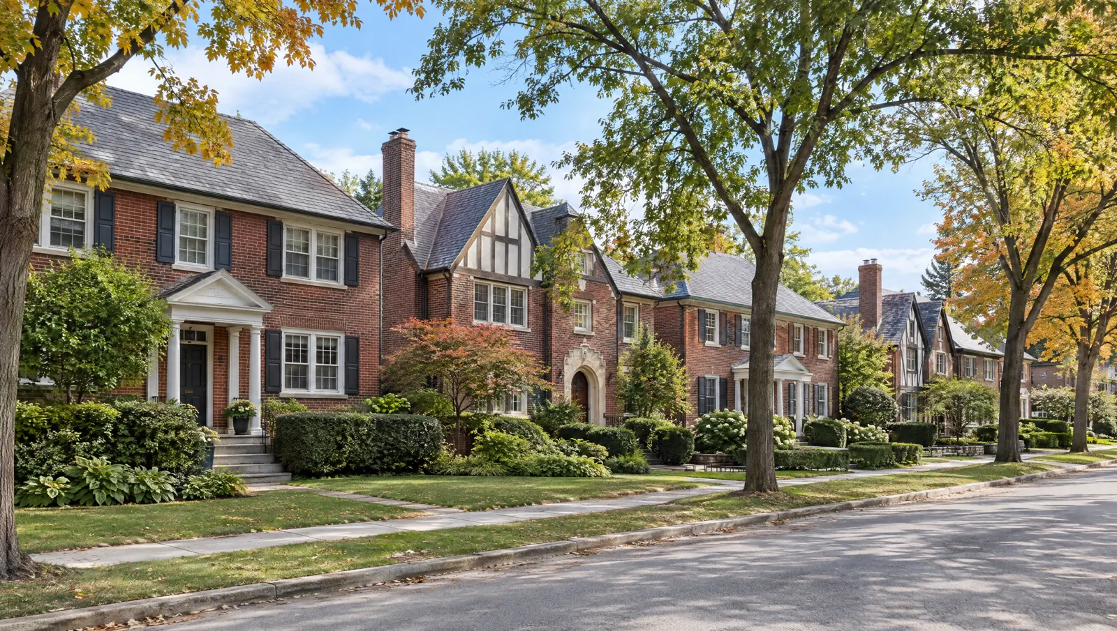 Illustration of a tree-lined Leaside street of 1930s brick homes in autumn daylight